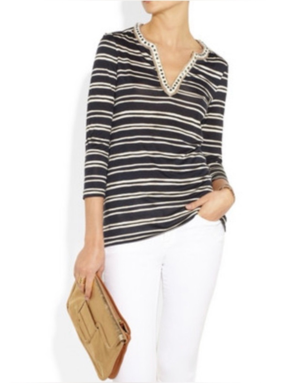 Tory Burch Women's Navy Striped Embellished Striped Silk Tunic Top